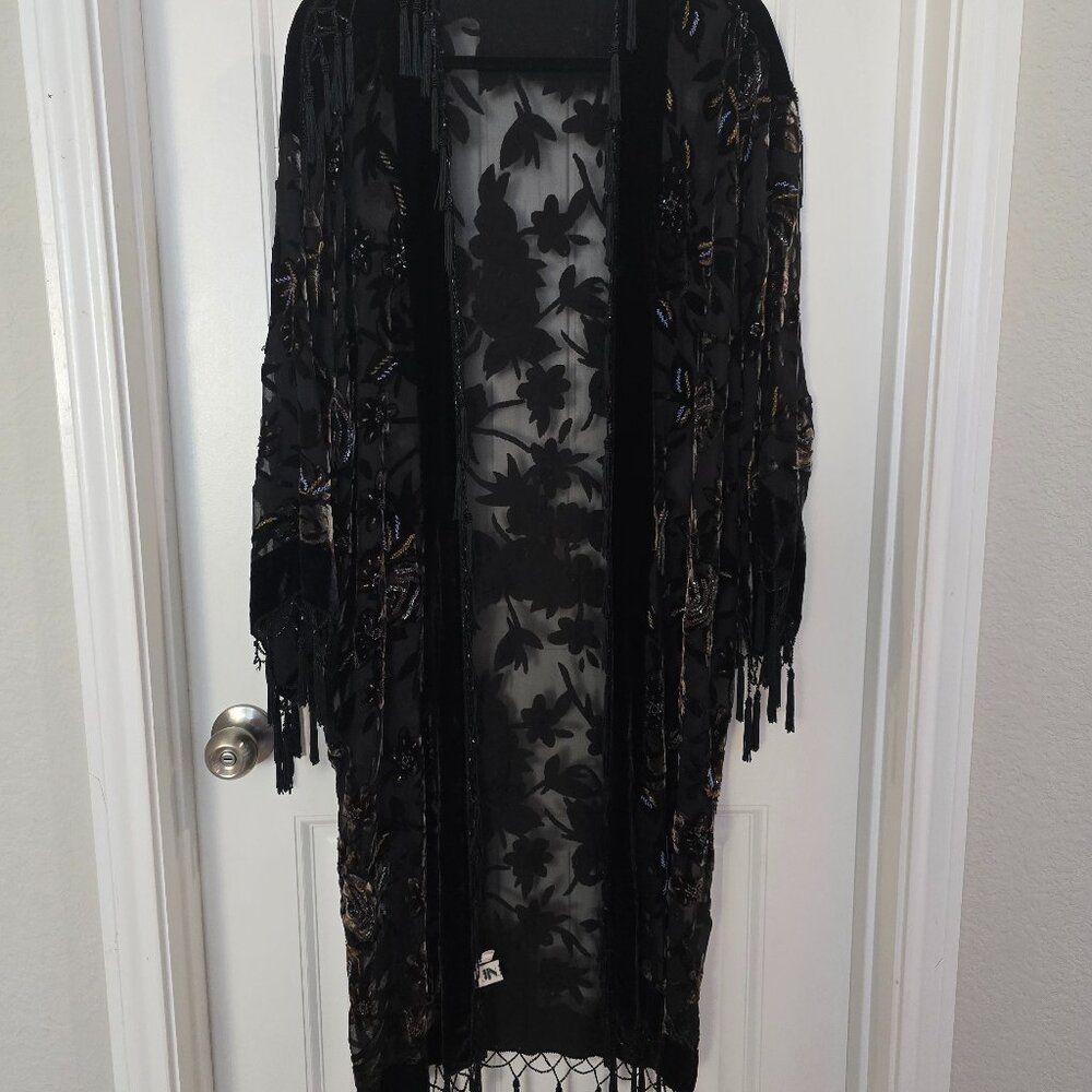 Jinjiao Dressy Black Burnout Duster Jacket with Fringe